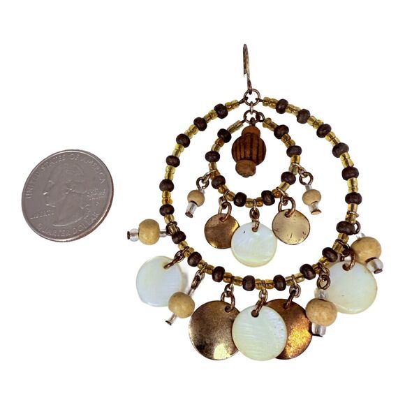 Native Style Beaded Dreamcatcher Hoop Earrings Gold Tone Large Shell , 3.5" - Picture 8 of 9